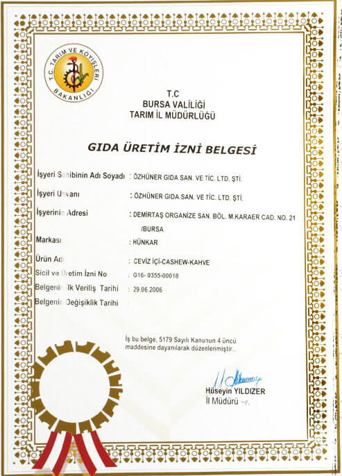 Ceviz İçi-Cashew-Kahve Gıda Üretim İzin Belgesi