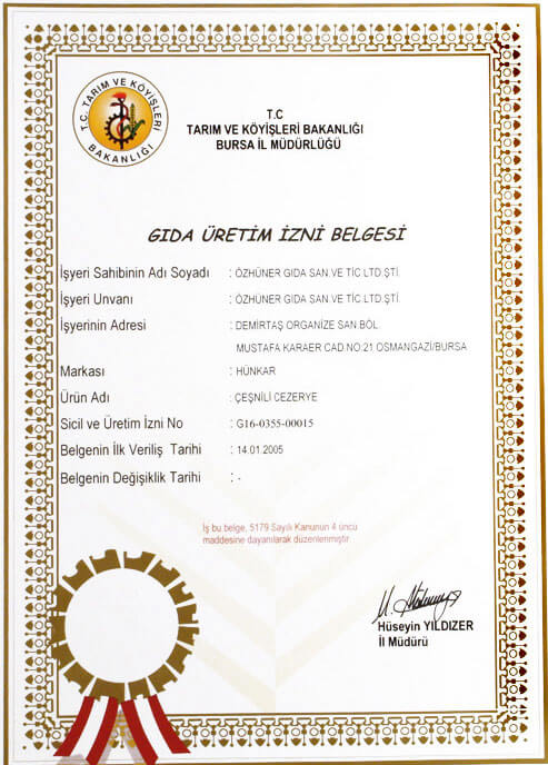 Çeşnili Cezerye Gıda Üretim İzin Belgesi