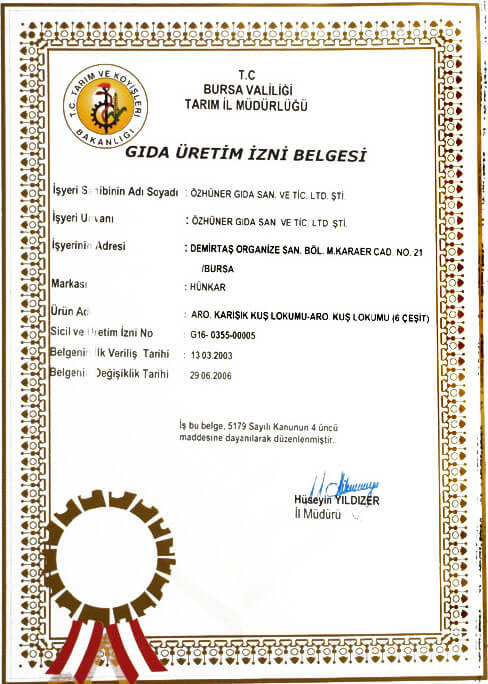 Kuş Lokumu Gıda Üretim İzin Belgesi