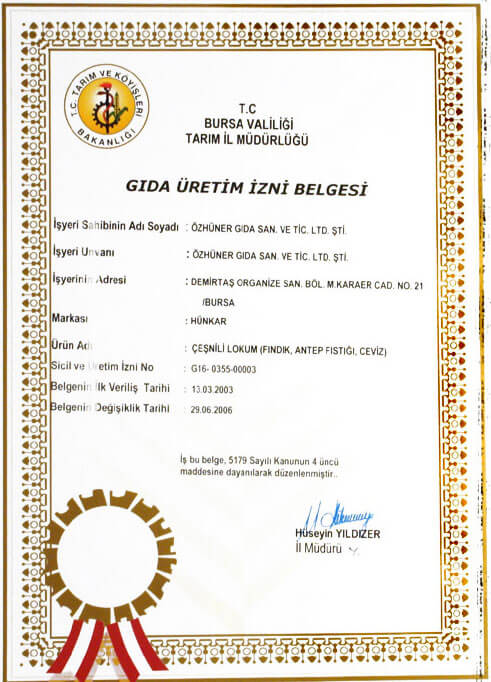 Çeşnili Lokum Gıda Üretim İzin Belgesi