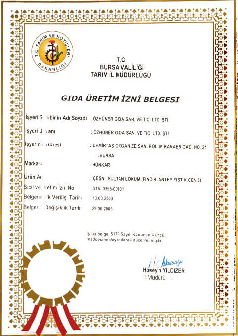 Çeşni, Sultan Lokum Gıda Üretim İzin Belgesi