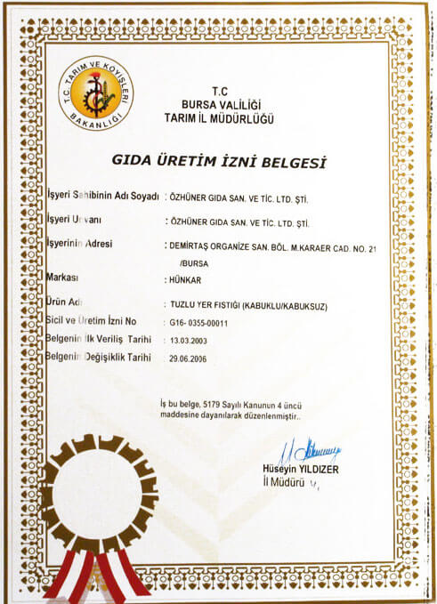 Tuzlu Yer Fıstığı Gıda Üretim İzin Belgesi