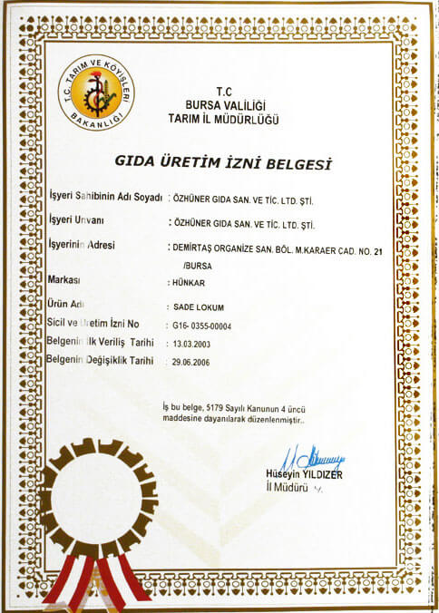 Sade Lokum Gıda Üretim İzni Belgesi