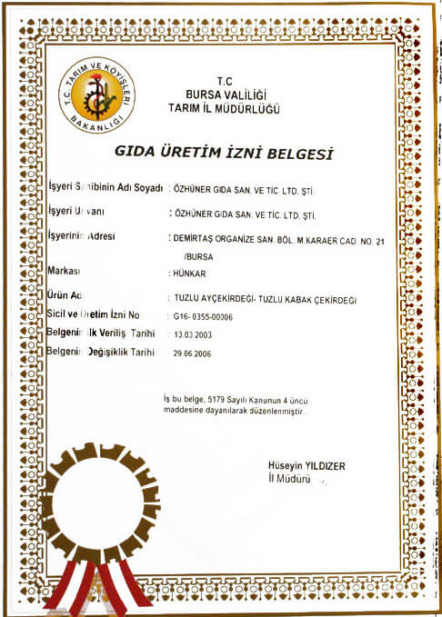 Tuzlu Ayçekirdeği/Kabak Çekirdeği Gıda Üretim İzin Belgesi