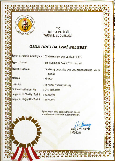 Tuzlu/Tuzsuz İç Fındık Gıda Üretim İzin Belgesi