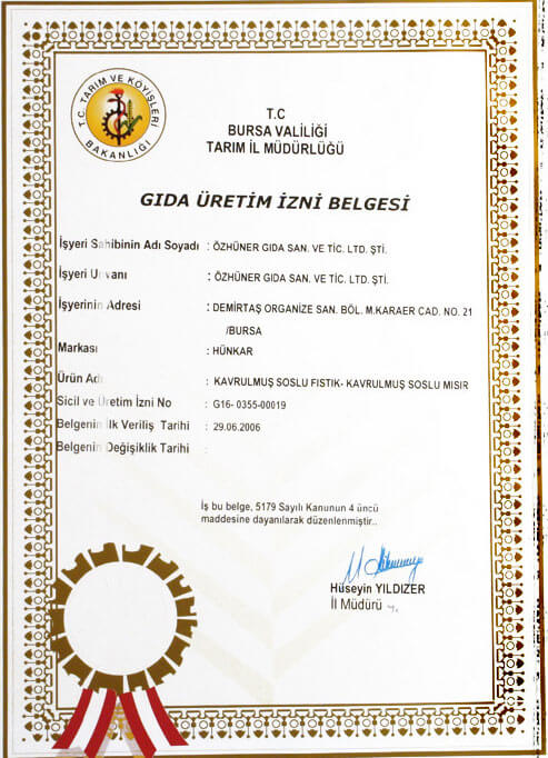 Soslu Fıstık ve Mısır Gıda Üretim İzni Belgesi